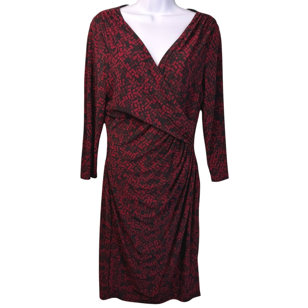 Ralph Lauren Dress 10 Red Black Geometric Print‎ 3/4 Sleeve Faux Wrap Career - Picture 5 of 16